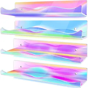 DILIBRA 4 Packs Iridescent Acrylic Floating Shelves, 15.7 Inch Clear Acrylic Display Shelf Wall Mounted, Invisible Set up for Funko Pop Display Shelves Wall Ledge Bookshelf for Kids Room Bathroom Dorm