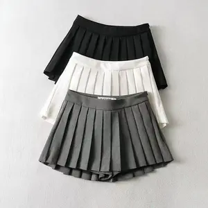 Zoki- Women Pleated Skirts High Waist Vintage Mini Skirts