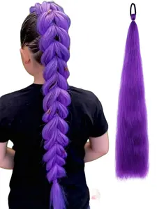 24-Inch Purple Ponytail Hair Extensions With Elastic Band, Synthetic Braided Straight Hair For DIY Braids And Ponytail Hairstyles