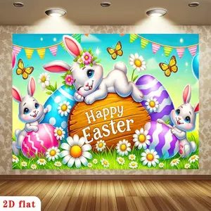 1PC,2D Flat Backdrop Easter Decoration Backdrop, Cute Bunny & Egg - themed Festival Party Backdrop, Photo Backdrop for Kids' Birthday Party, Home Festival Decoration Tapestry, Indoor & Outdoor