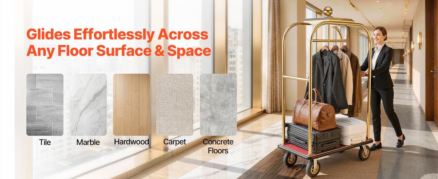 VEVOR Hotel Luggage Cart, 1200 lbs Heavy Duty Bellman Cart with Stainless Steel Frame, 8 in Rubber Wheels, Red Carpeted Deck, Commercial Luggage Carrier Rolling Trolley for Hotels, Resorts, Gold