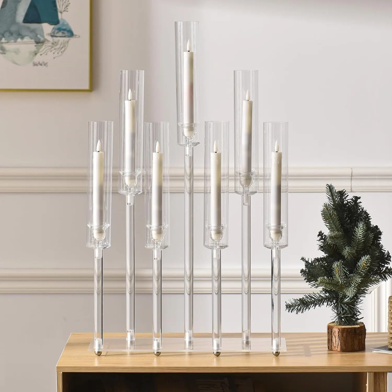 VINCIGANT 26.5in 7-Arm Clear Acrylic Candelabra with Shade for Wedding Table Centerpiece Party Event Decor