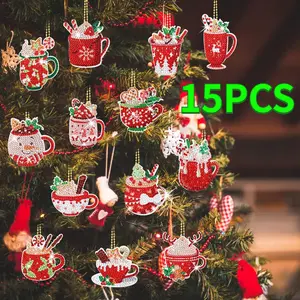 15PCS Double-Sided DIY Christmas Ornaments - Round Diamond Painting Decor Hand-Set Gemstone Jewelry Art Pendants - Keychains Gift Mugs Shiny Decoration