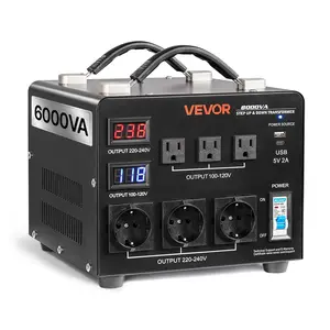 VEVOR 6000VA Heavy-Duty Voltage Converter - Auto Voltage Detection, 110V-220V/220V-110V Step Up/Down, Metal Housing, Grip Handle, 3 US/3 EU Outlets, LCD Display, Circuit Breaker Protection