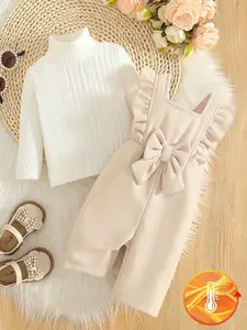 Girls' clothing, girls' set, gentle and sweet minimalist style, ruffled shoulder strap overalls+white pit stripe high neck inner two-piece set, baby girl birthday gift, Valentine's Day gift, Special Gift Set, suitable for baby girl's family leisure living