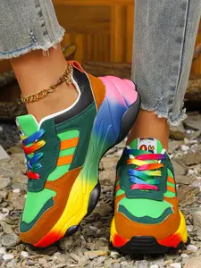 Women's Rainbow Colorblock Dad Shoes, Thick Sole Lace-Up Sneakers, Adjustable Straps, Comfortable Casual Footwear for Daily Wear