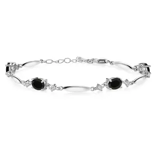 Gem Stone King 925 Sterling Silver Gemstone Birthstone and White Moissanite Tennis Bracelet For Women | Oval 7X5MM and 2MM | 6 Inch + 1 Inch Extender | Fine Jewelry for Her Mom Wife