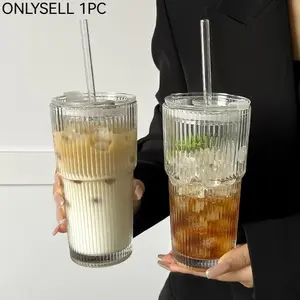 Glass Cup with Straw & Lid, Thickened Glass Cup, Durable Glass Cup, 1 Count Portable Large Capacity Drinking Cup, Drinking Glasses, Fashionable Drinkware for Home & Office & Outdoor, Summer Cool Bottle