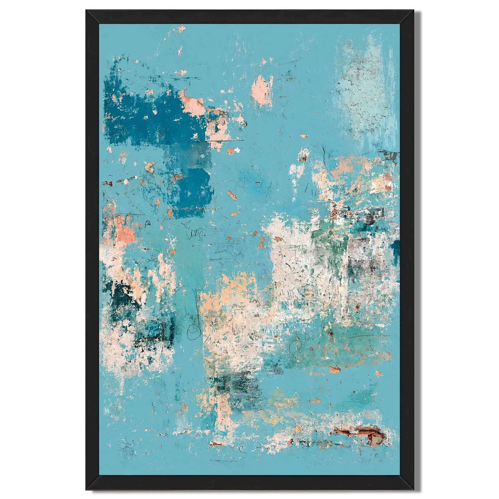 Framed Blue Wabi-Sabi Textured Canvas Art, Minimalist Distressed Wall Decor for Living Room