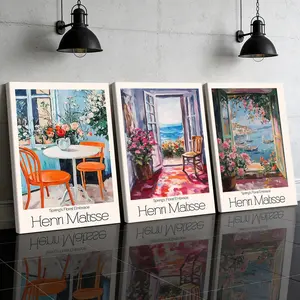 3-Piece Wooden Frame Canvas Set, Matisse Style Spring Seascape Trio, Modern Home Decor, Waterproof Art Posters for Living Room & Hallway