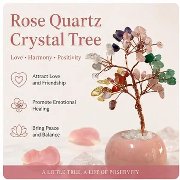 7 Chakra Crystal Money Tree with Pink Ceramic Base, Natural Chakra Healing Crystal Tree Ornament, Handmade Copper Wire Crystal Bonsai, Feng Shui Wealth Luck Desk Decor, Spiritual Meditation Crystal Gift