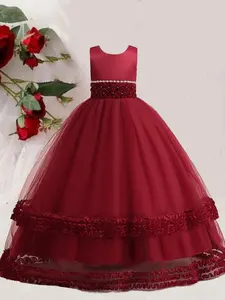 Kids Flower Rhinestone Design Big Bow Decor Dress, Elegant Sleeveless Mesh Tiered Layer Fit & Flare Dress for Party Wedding Guest, Kids Clothes for Summer