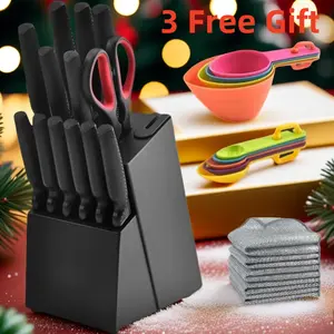 【3 FREE GIFT】14 Piece Knife Set with Sharpener Block, German Stainless Steel Kitchen Knives Dishwasher Safe, Built-In Sharpener, Comes with Free Measuring Spoons and Cleaning Cloth