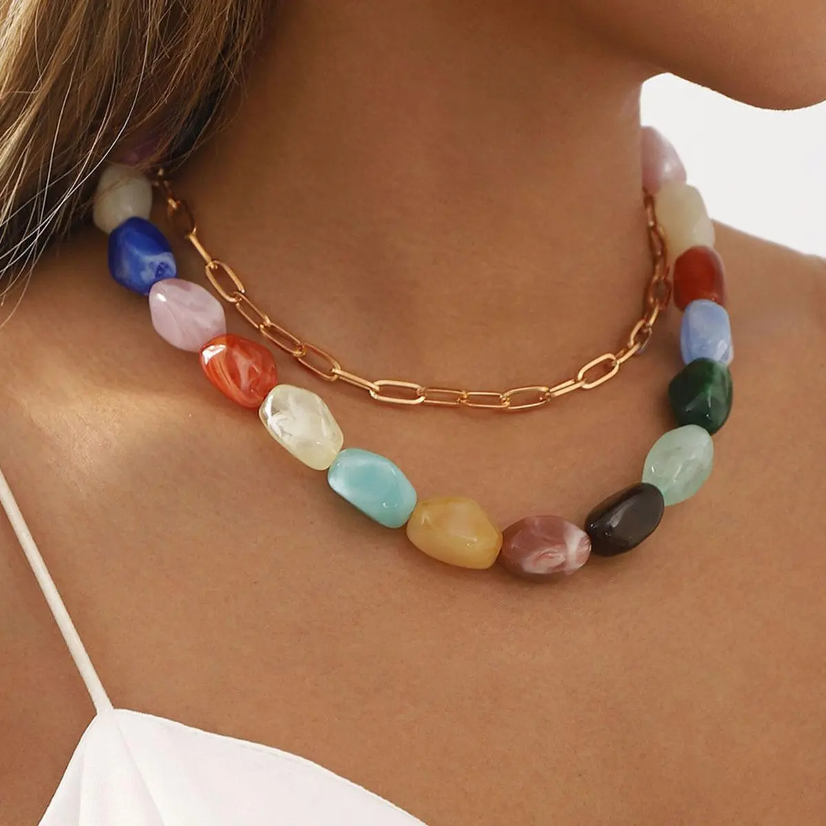 Colorful Stone Beaded Necklace Summer Personalized Fashion Stackable Women's Clavicle Necklace Holiday Banquet Jewelry Gift