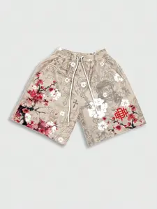 Men's Religious Floral Print Shorts, Jesus & Sakura Pattern, Tapestry Inspired Design, Casual Beachwear, Daily Casual Shorts, Unique Eye-Catching Bottoms