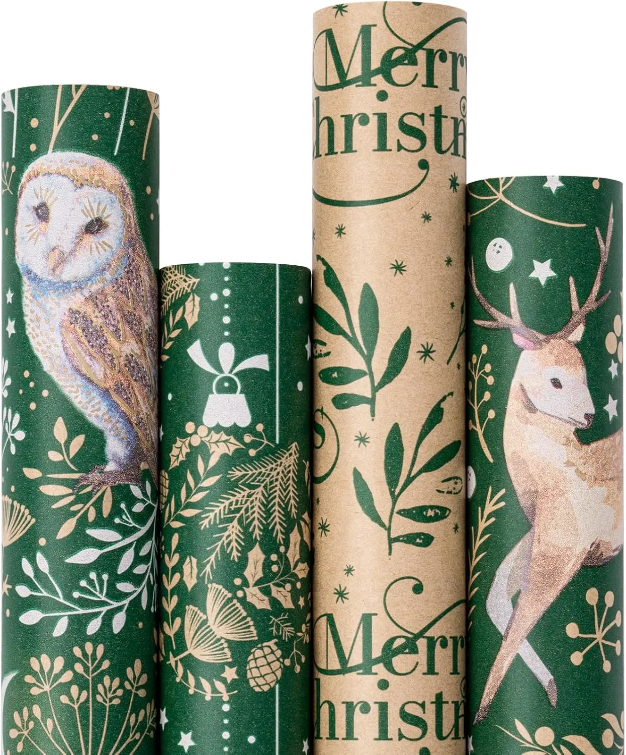 RUSPEPA Christmas Kraft Wrapping Paper Roll Set, 30 in x 10 ft Per Roll, 4 Rolls Holiday Gift Wrap with Gridlines, Reindeer, Owl, Santa, Nutcracker, Polar Bear, Hanukkah & Classic Christmas Designs for Family Gifts, Kids Presents & Holiday Parties
