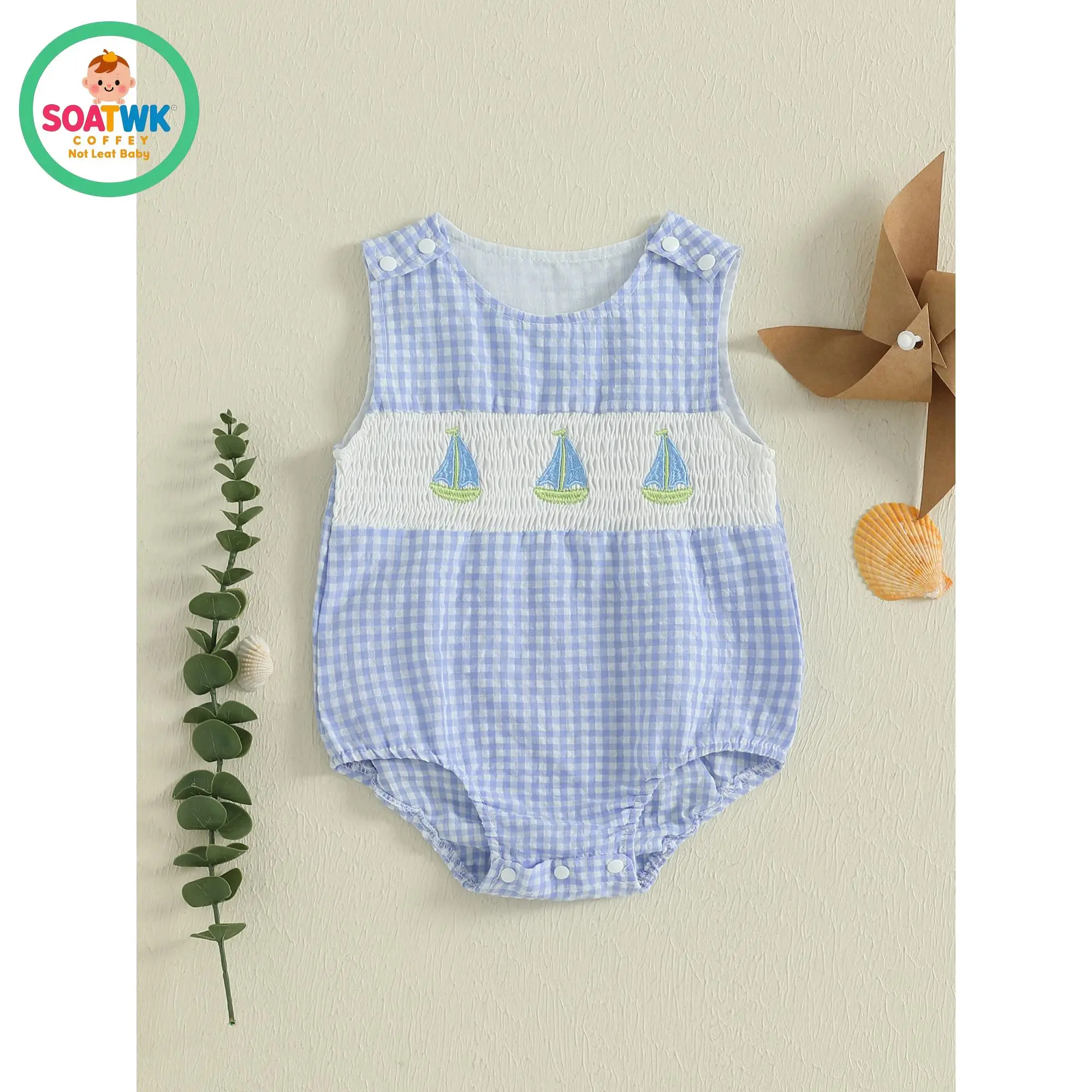 Baby Boy Plaid Tank Romper Sailboat Embroidered Smocked Sleeveless Bodysuit Cute Summer Clothes