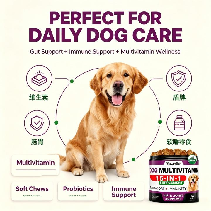 15-in-1 Dog Multivitamin Soft Chews Bulk Pack - Chicken Flavor, Probiotics & Gut Support, Immune Support, 120 Treats