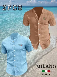 2 Pack Men's Premium Milano Italia Print Mandarin Collar Shirts, Breathable Short Sleeve Casual Tops, Summer Holiday Shirts for Men