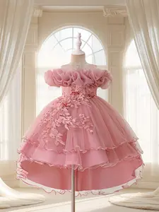 Girl's Floral Embroidery Layered Tulle Formal Dress, Elegant Party Dress for Performance Show Wear, Kids Clothes for All Seasons, Embroidered Tulle Dress