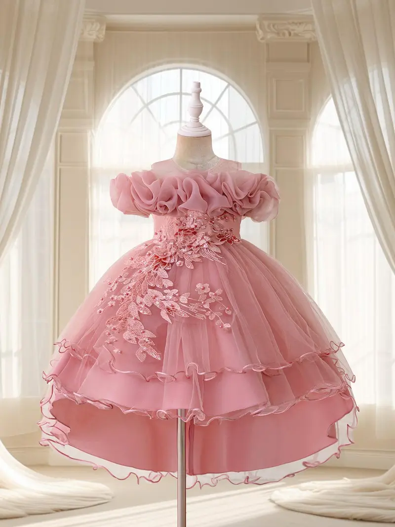 Girl's Floral Embroidery Sheer Tulle Party Dress with Hair Band, Elegant Puff Sleeve Round Neck Zipper A Line Dress for Party Wedding Guest, Kids Clothes for All Seasons, Embroidered Tulle Dress - Girl's Floral Embroidery Sheer Tulle Party Dress with Hair Band, Elegant Puff Sleeve Round Neck Zipper A Line Dress for Party Wedding Guest, Kids Clothes for All Seasons, Embroidered Tulle Dress -