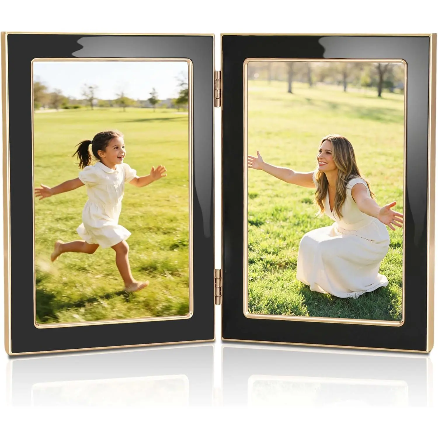 4x6 Double Picture Frame with Black Enamel Finish,  Edge Metal Hinged Photo Frames, Real Glass Front  , Display for Wall and Tabletop, Ideal for Wedding Couple Family Photos