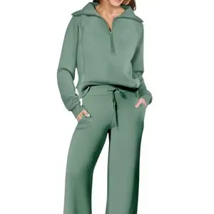 Women's 2 Piece Casual Tracksuit Set - Lapel Half Zip Sweatshirt & Wide Leg Pants, Stylish Matching Outfits for Daily Wear