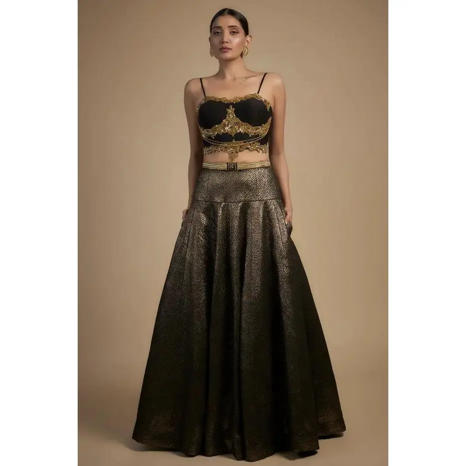 Gold embroidered with moti and chain corset fit Blouse and lehenga