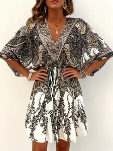 Elegant V Neck Waist Cinched Dress, Casual Wear, Womenswear, Perfect for Weekend Gatherings, Stylish, Chic and Sophisticated, Ideal for Parties