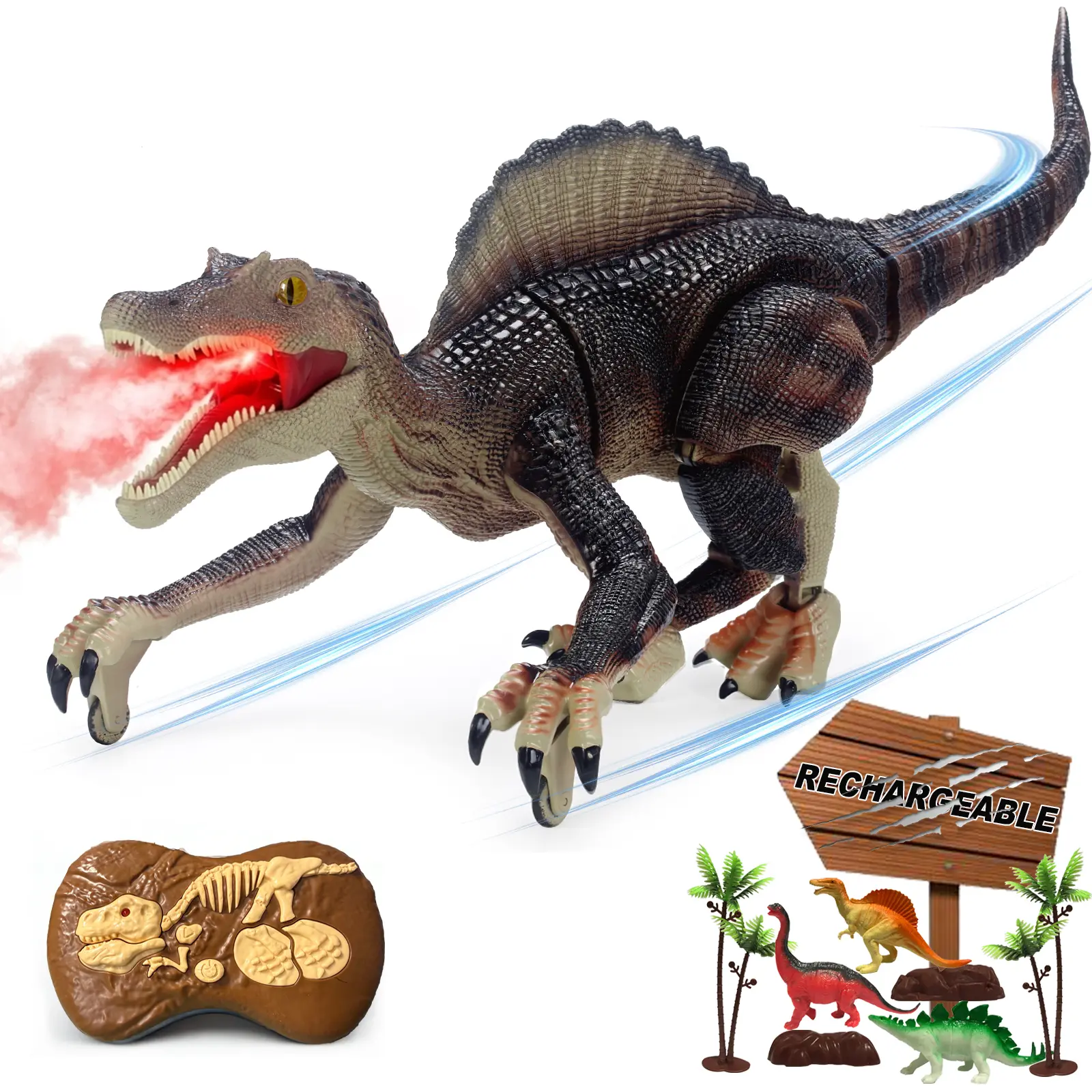Remote Control Dinosaur Toy for Boys, 18.1-inch Electronic RC Spray Raptor - Walking, Roaring Jurassic Spinosaurus, Rechargeable (2 Hours Charge), Birthday Gift for Kids 3-8 with Batteries & Cells, 3D Lifelike Eyes