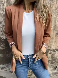Women's Fall Winter New Fashion Suit Jacket, Elegant Casual Leopard Print Sleeve Patchwork Design, Stylish Womenswear Outerwear for Women