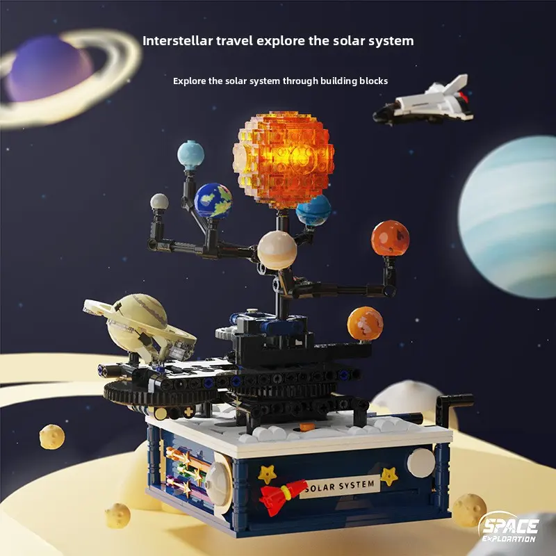 Electric Rotating Solar System Plastic Building Blocks Set - ABS Plastic STEM Space Assembly Toy with Light-Up, Flash, Motor-Gear Mechanism, Astronomy Science Kit, Desk Display Gift for Kids