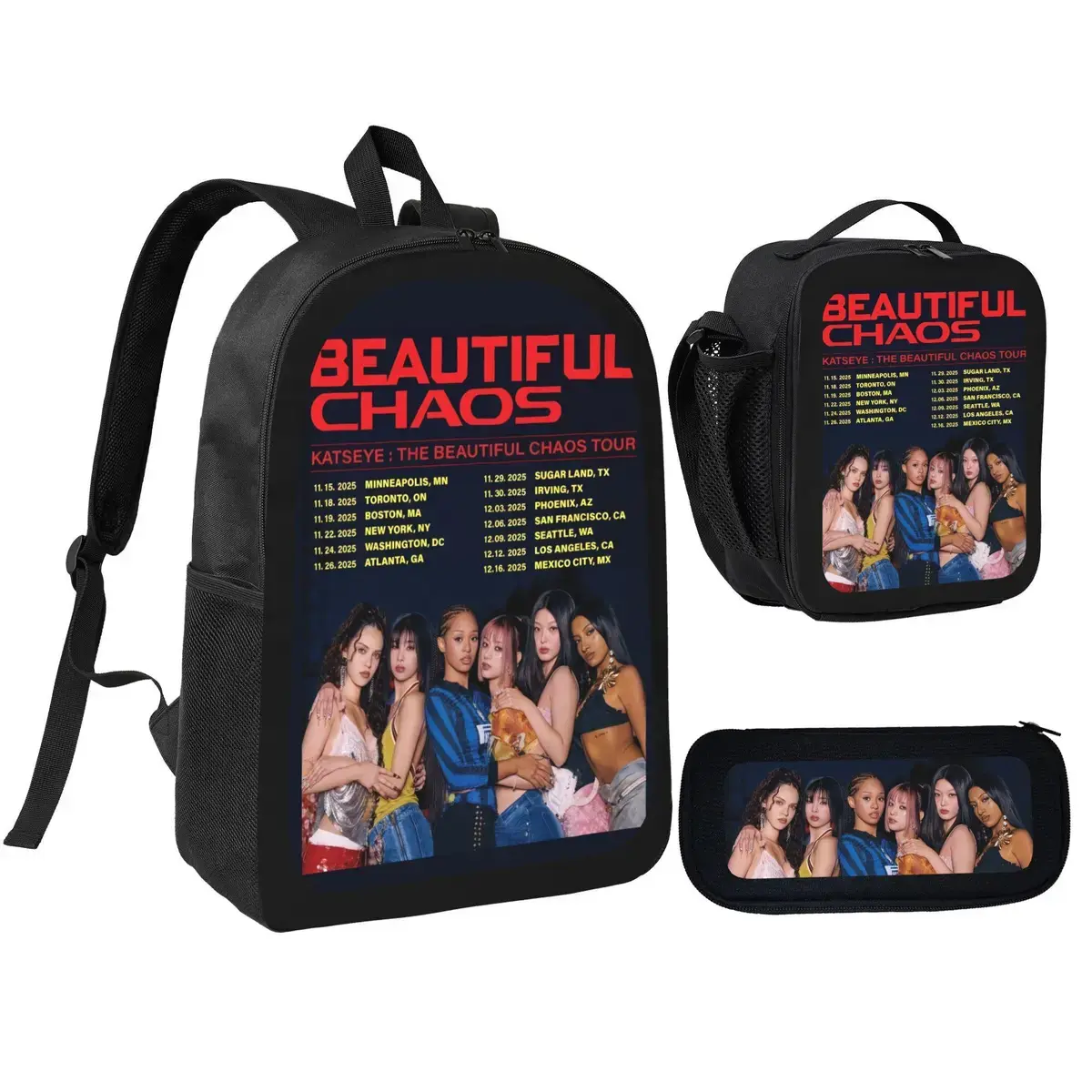 KATSEYE Beautiful Chaos Tour 3-Piece Black Text Print Backpack Set - Backpack for College, Casual Bag for Concert Supporters with Tour Dates & Group Photos
