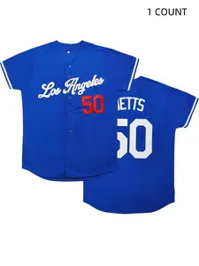 Men's #50 "Los Angeles" Embroidery Baseball Jersey, Loose V-Neck Short Sleeve Button-Up Sportwear Suitable For Street Hip-Hop, Baseball, Golf Training, Sports Top, Streetwear