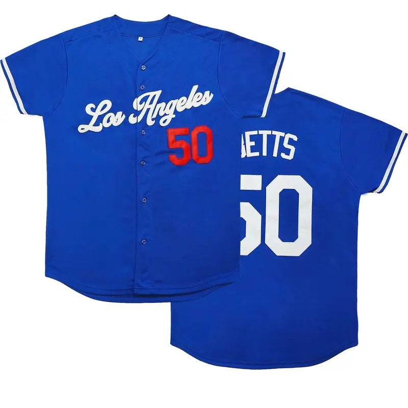 Men's #50 "Los Angeles" Embroidered Baseball Jersey, Loose V-Neck Short Sleeve Button-Up Sportwear Sports Clothing Suitable For Street Hip-Hop, Baseball, Golf Training, Sports Top, Streetwear, Sportswear Top