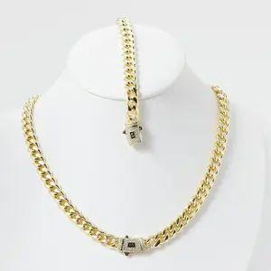 Set 2Pcs 14K/18K Gold Vacuum Plated with 5A+ Sri Lanka Zircon Stainless Steel Chain & Copper Coffee bean bag Clasp Miami Cuban Link Chain Italy Mexico & Micro Inspired Unisex Hip Hop 8mm Necklace&Bracelet for Men & Women Jewelry,Daily,Fashion,Gift,