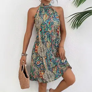 2026 New Women's Bohemian Style Sleeveless Halter Neck Elegant Dress for Beach Vacation
