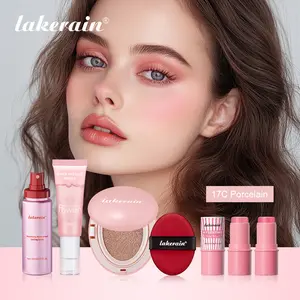 5 Counts Pink Makeup Kit Set with Hydrating Primer, Cushion Foundation, Glow Blushes, Matte Setting Spray, Full Face Coverage, Long-Lasting & Buildable for Flawless Daily Wear, Perfect for Beginners