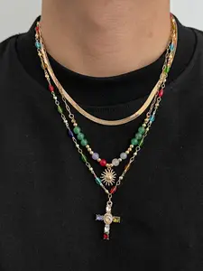 Men's Alloy Chain Necklace Set, Pendant Design, Vintage Multi-Color Crystal Glass Agate Beads, Street Style Jewelry Gift for All Seasons
