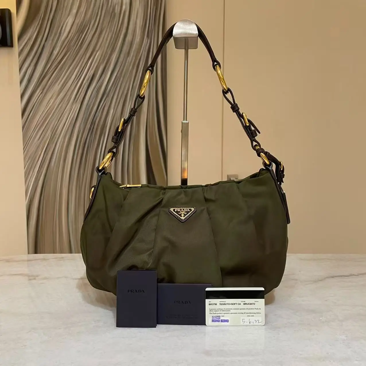 Pre-owned PRADA nylon Shoulder Bags Army Green Ruched Hobo Shoulder Bag 20437038