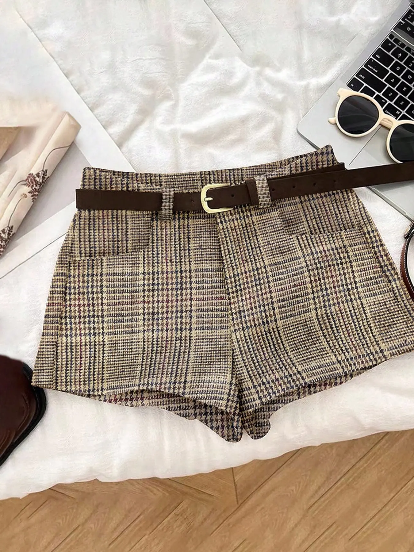 Women's Plaid Houndstooth Pattern Shorts High Waist Loose Fit (no Belt Included), Stylish Casual Summer Wear, Comfortable and Trendy Design, High Waisted Shorts, Womenswear