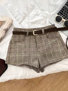 Women's Plaid Houndstooth Shorts High Waist Loose Fit (no Belt Included), Stylish Casual Summer Wear, Comfortable and Trendy Design, Womenswear