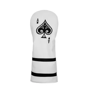 Golf club headcovers with Ace of Spades poker element, striking black and white color scheme, suitable for multiple sizes, trendy golf accessories.