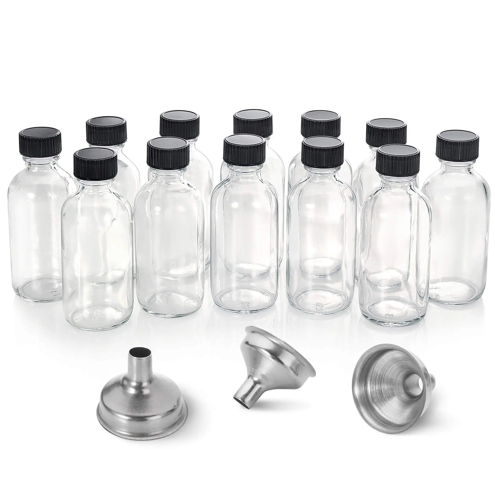 12 Pack 2 oz 60ml Clear Glass Bottles with Leakproof Lids, 3 Stainless Steel Funnels & 24 Labels, Small Boston Round Travel Bottles for Juice, Wellness Shots, Essential Oils, Tinctures, Samples & Liquid Storage
