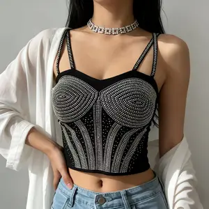 Women's Rhinestone Sparkle Glam Seamless Workout Crop Top - Supportive, Suitable for Active, Street Styles