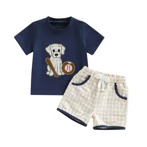[Lullaby] Baby Boys Summer 2 Piece Outfits Short Sleeve Round Neck Dog Baseball Embroidery Tops Plaid Shorts Set