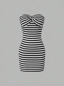 Women's Striped Knit Sleeveless Knot Bodycon Dress, Sexy Backless Short Dress, Summer Fashion Party Gown, Soft Breathable Fabric, Casual Formal Dress