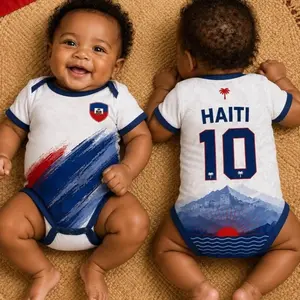 Custom Name Haiti Baby Soccer Bodysuit, Personalized Haiti Football Infant Jersey, Blue Red Haitian Flag Baby Clothes RVR