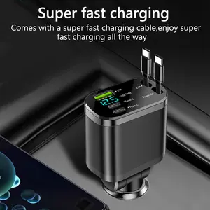 5 in 1 Retractable USB C Fast Car charger Support Voltage Detection Display Type C Cell Phone Charger For IPhone Huawei Samsung