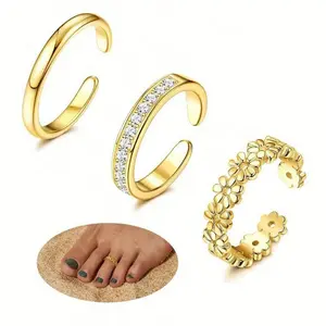 3Pcs Gold Filled Toe Rings for Women Non Tarnish 14K Gold Filled Toe Ring Adjustable Flower Cz Dainty Toe Ring Summer Beach Open Toe Rings Set Toe Jewelry Foot Jewelry